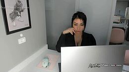 Sexy secretary with big boobs gives you a handjob in a steamy roleplay scenario