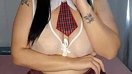 Brunette professor's seduction leads to a titillating tit job