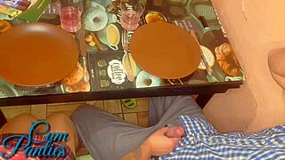 Public handjob by a boyfriend's friend in a café