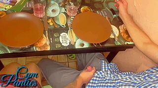 Public handjob by a boyfriend's friend in a café