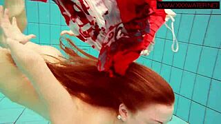 Hot and hairy ginger Polish girl goes swimming in the pool