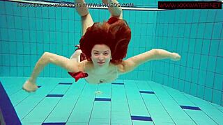 Hot and hairy ginger Polish girl goes swimming in the pool