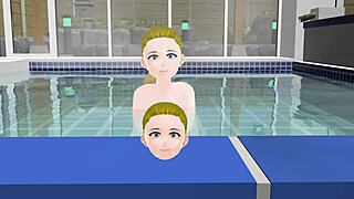 Anime woman takes a bath in a Japanese public bath called sento