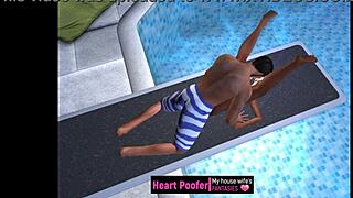 Erotic cartoon of outdoor sex in a public swimming pool