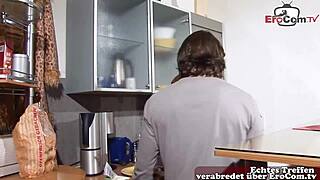 German blonde MILF with big tits fucked in kitchen