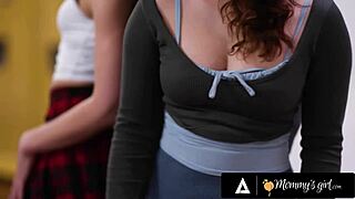 Redhead teacher and student in threesome with lesbian action