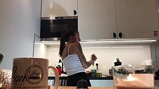 Kitchen cam captures braless Sylvia's perfect pokies and nipples