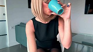 Beautiful blonde in pantyhose and dress, early morning fetish fun