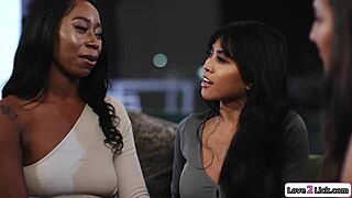 Interracial group sex with curvy ebony and Asian women