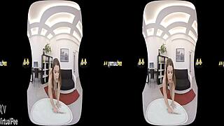 European brunette enjoys splashing with virtual pee fetish
