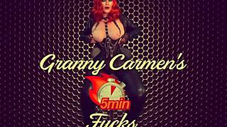 Granny Carmen's double cock riding with two dildos