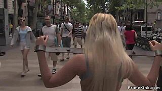 Blonde babe tied up outdoors for exhibition