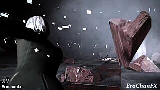 2B和A2困在疯狂机器触手Hentai动作！她们能逃脱吗？