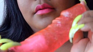 she's deepthroating that big cock with toys