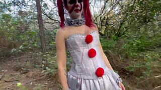 Clown takes anal creampie in public outdoor halloween sex.