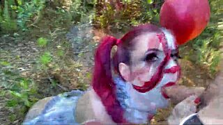 Clown takes anal creampie in public outdoor halloween sex.