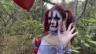 Clown takes anal creampie in public outdoor halloween sex.