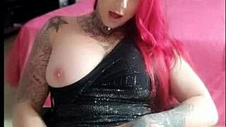 horny woman fingers her big tits and masturbates alone to cum