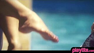 outdoor threesome by the pool with two brunette hotties