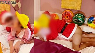 Asian couple in christmas costumes, santa creampies small pussy for pregnancy practice
