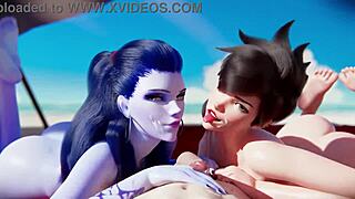 widowmaker and tracer engaging in beach side suggestive acts
