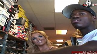 Hairy blonde slut fucks monster cock in shoe store
