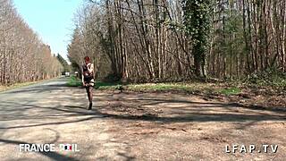 Redhead European Whore Fucked Publicly Outdoors in Lingerie by Amateur French Man