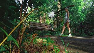 Blonde European couple hits intense orgasm in forest outdoor handjob scene