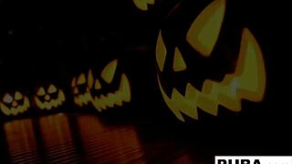 two hot blondes share a wild halloween thrill together