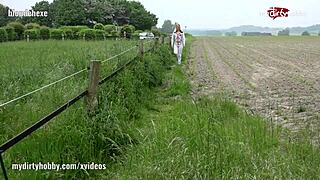 Dirty latex fan fucks in public