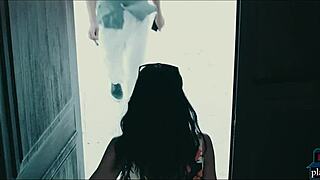 Voyeuristic brunette spies on hot European couple banging with big cock