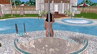 Animated 3D Cartoon Babe Poses Sexy By Pool