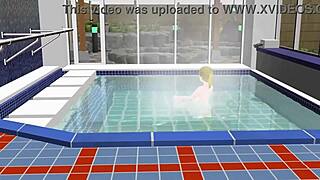 Anime woman enjoys bath in Japanese public sento