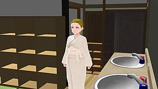 Anime woman enjoys bath in Japanese public sento