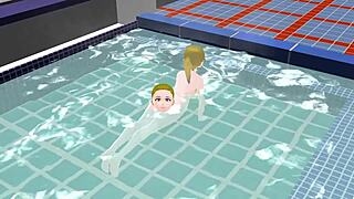 Anime woman enjoys bath in Japanese public sento