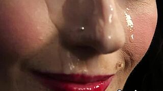 Hot centerfold takes cum shot on face while eating load