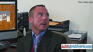 Kinky manager dominates worker with fat dildo