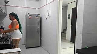 Colombian house employee sucks dick while masturbating her pussy