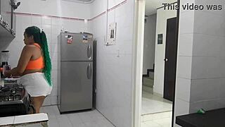 Colombian house employee sucks dick while masturbating her pussy