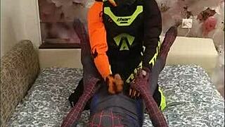 exciting gay adventure with spiderman and biker in spandex, leading to hardcore fucking and cumshots!