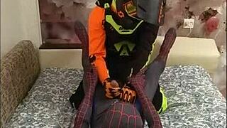 exciting gay adventure with spiderman and biker in spandex, leading to hardcore fucking and cumshots!
