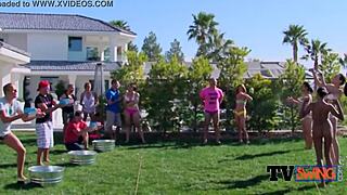 american couples hose each other down while having steamy pre party foreplay!