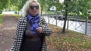 Look at that sexy milf in nylon walking outdoors!