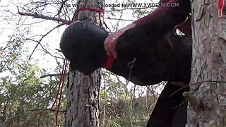 you're tied up to a tree outdoors in sexy stockings, getting rough fucked by amateurs.