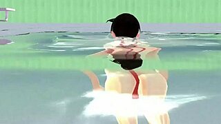 Anime girl swims in micro bikini, nip slip happens! 😍