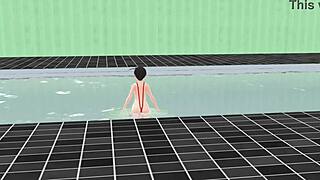 Anime girl swims in micro bikini, nip slip happens! 😍