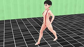 Anime girl swims in micro bikini, nip slip happens! 😍