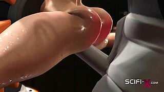 Busty sexy blonde extreme sex with android in sci-fi lab.