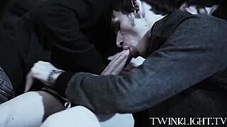 three young 18+ gays start with kissing and masturbation before blowjobs and hardcore anal pounding with monster cocks