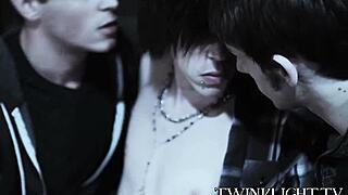 three young 18+ gays start with kissing and masturbation before blowjobs and hardcore anal pounding with monster cocks